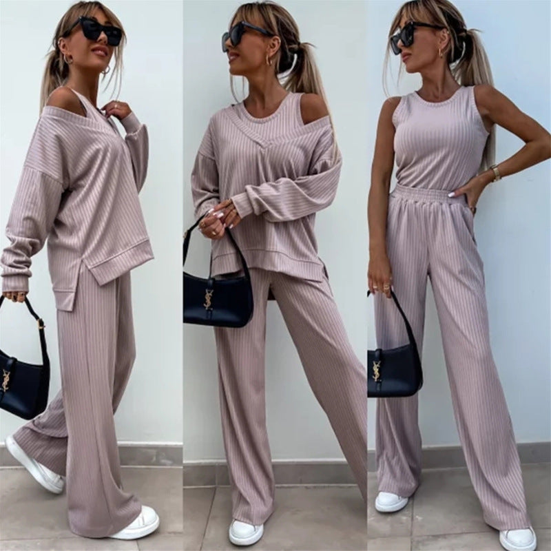 Damen Loungewear-Set aus geripptem Feinstrick mit Off-Shoulder-Pullover und weiter Palazzo-Hose Shop Nory