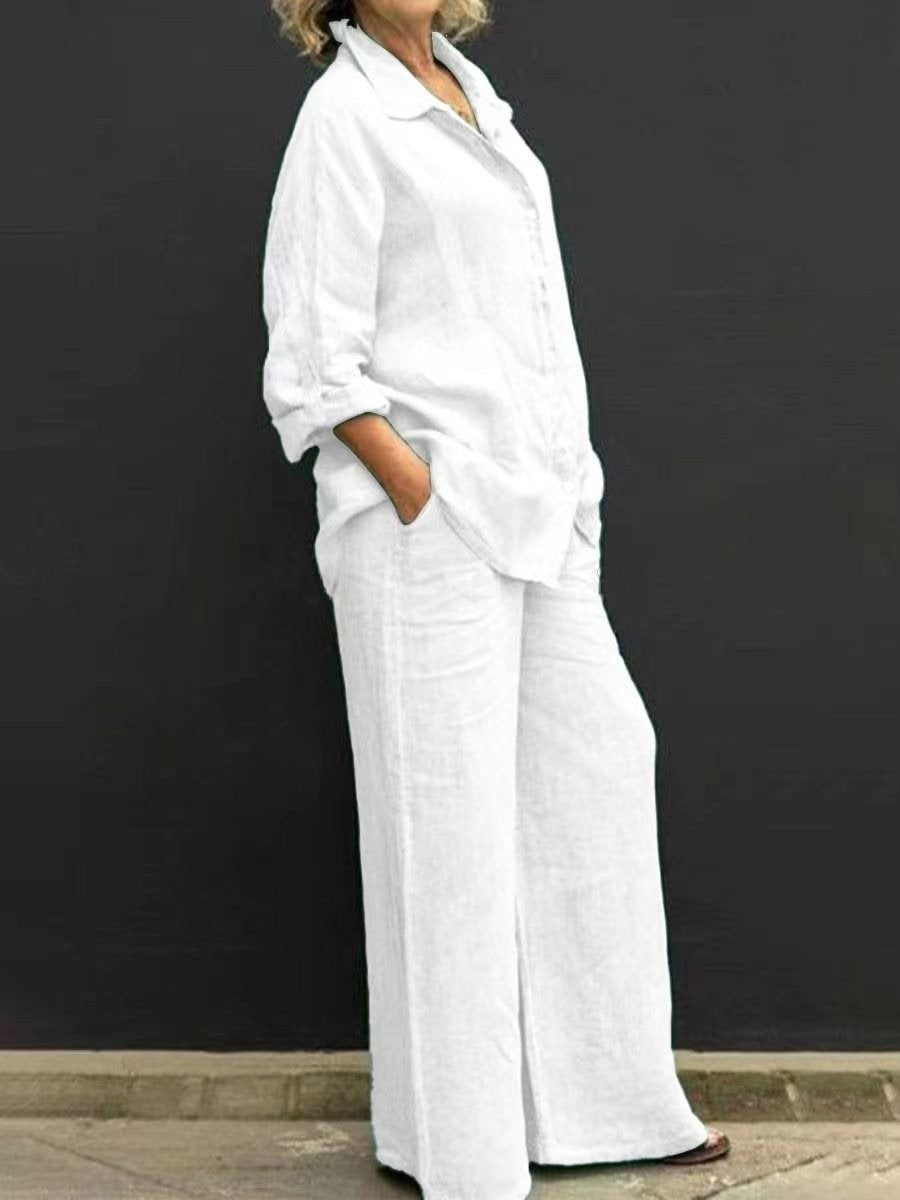 Damen Leichtes Leinen-Loungewear-Set mit Oversized-Hemd und weiter Palazzo-Hose Shop Nory