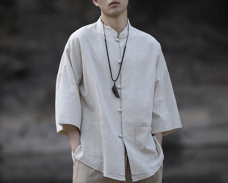 Herren Oversize Hemd im Kimono-Stil aus Leinen-Baumwollmix mit Stehkragen Shop Nory