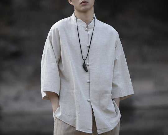 Herren Oversize Hemd im Kimono-Stil aus Leinen-Baumwollmix mit Stehkragen Shop Nory