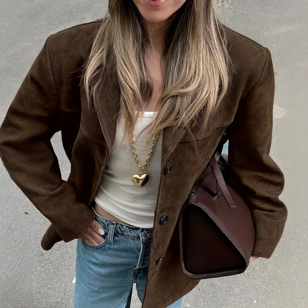 Damen Oversize Wildleder‑Blazer mit Reverskragen und Pattentaschen Shop Nory