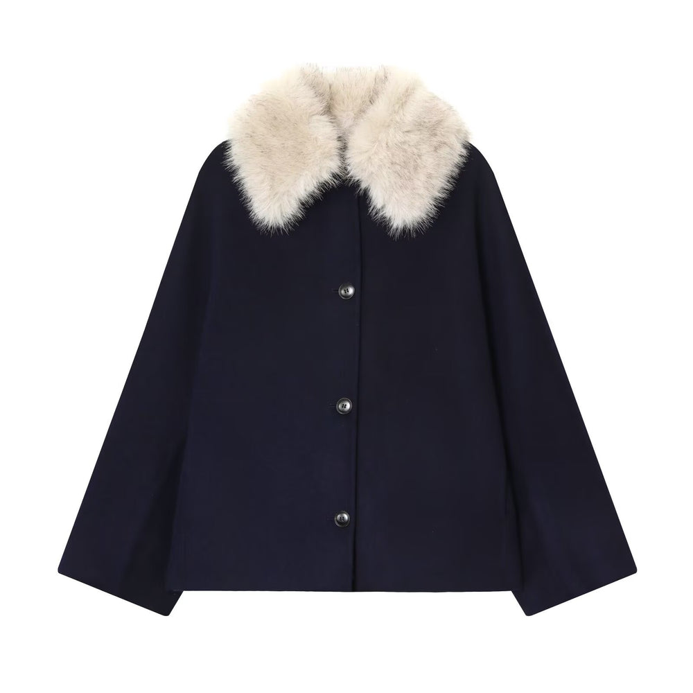 Damen Woll-Cape mit abnehmbarem Kunstfellkragen und verdeckter Knopfleiste Shop Nory