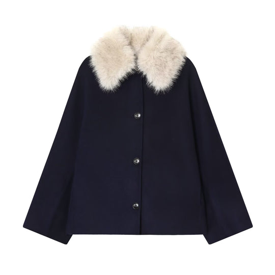 Damen Woll-Cape mit abnehmbarem Kunstfellkragen und verdeckter Knopfleiste Shop Nory