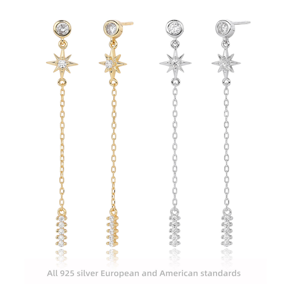 Damen goldene Ohrhänger mit funkelnden Zirkonen und eleganten Kettendetails Shop Nory