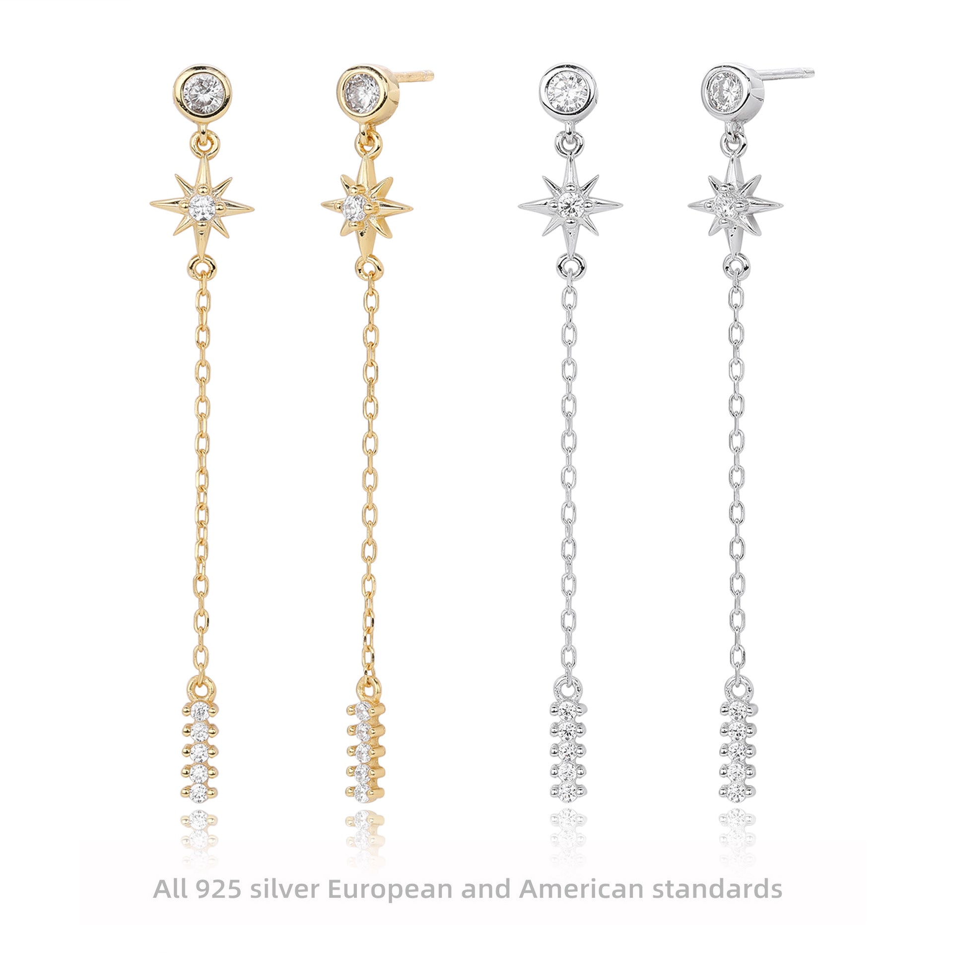 Damen goldene Ohrhänger mit funkelnden Zirkonen und eleganten Kettendetails Shop Nory