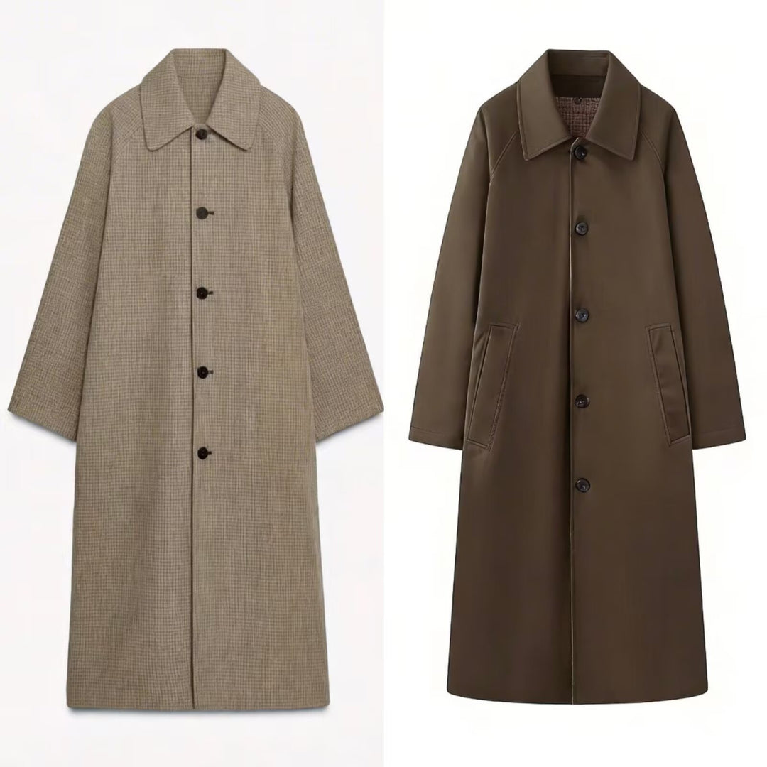 Damen langer minimalistischer Trenchcoat mit kariertem Innenfutter Shop Nory