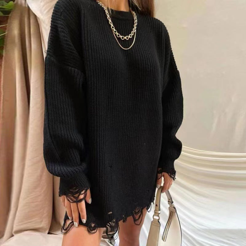 Damen Oversize Grobstrick-Minikleid mit Destroy-Effekt und Rundhalsausschnitt Shop Nory