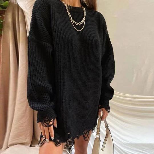 Damen Oversize Grobstrick-Minikleid mit Destroy-Effekt und Rundhalsausschnitt Shop Nory