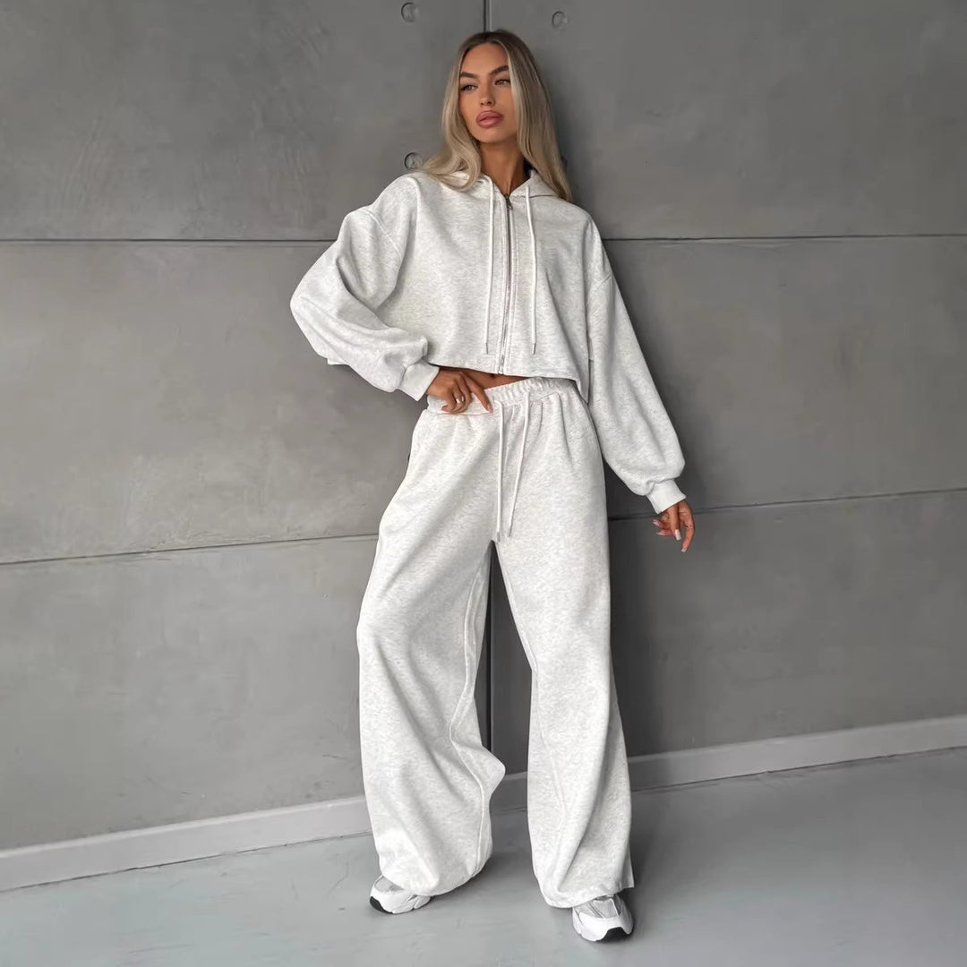 Damen weit geschnittenes Cropped-Zip-Hoodie und Palazzo-Jogger Set Shop Nory