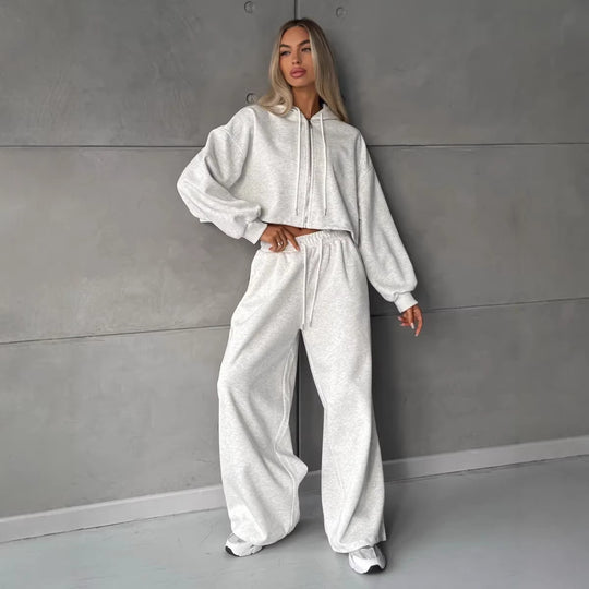 Damen weit geschnittenes Cropped-Zip-Hoodie und Palazzo-Jogger Set Shop Nory