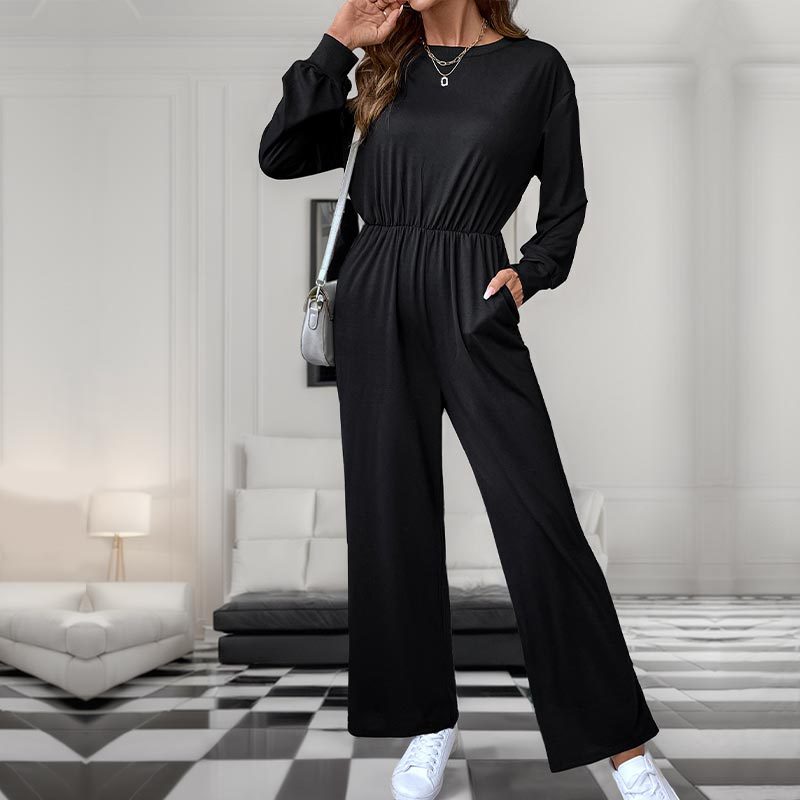 Damen Lässiger Einteiler mit elastischer Taille, Seitentaschen und weitem Bein Shop Nory