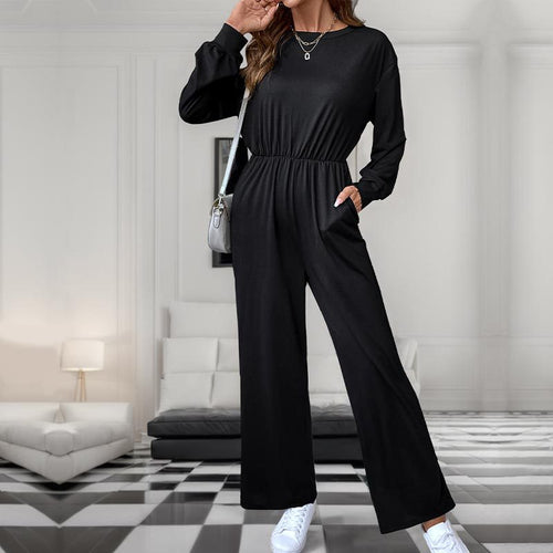 Damen Lässiger Einteiler mit elastischer Taille, Seitentaschen und weitem Bein Shop Nory