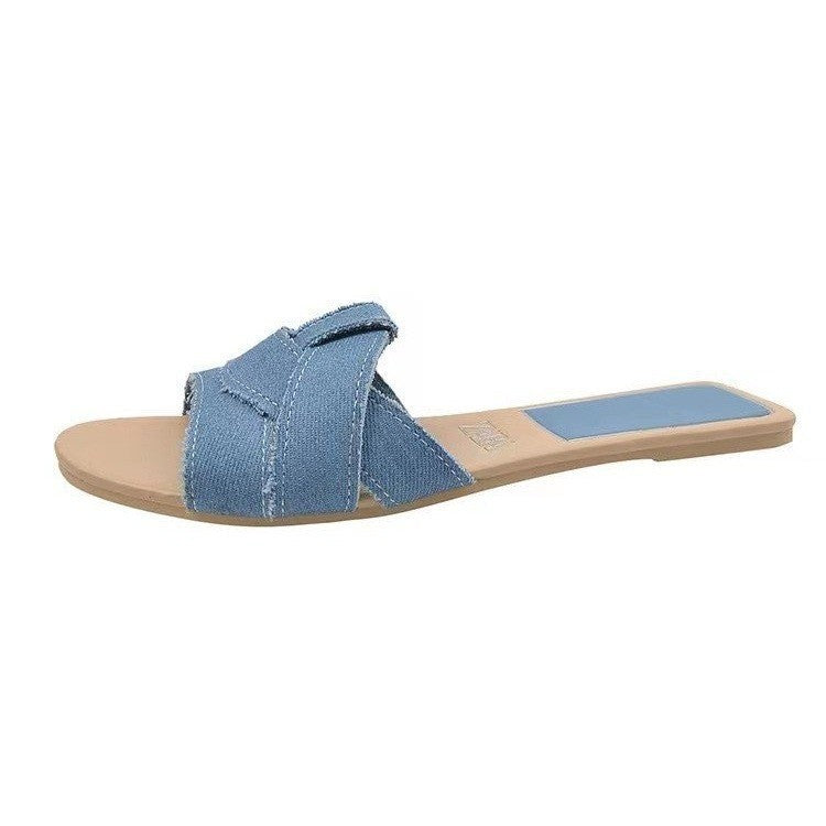 Damen Jeans-Optik Slide-Sandalen mit gekreuzten Stoffriemen und flacher Komfortsohle Shop Nory