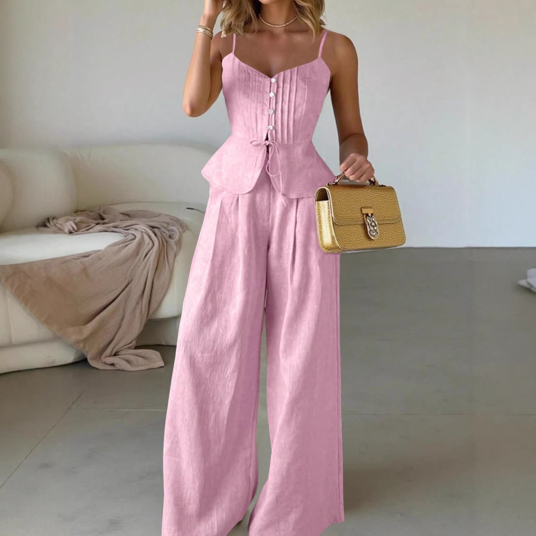 Damen Zweiteiliges Leinen-Set mit korsettartigem Taillentop, Schößchen und weiter Palazzohose Shop Nory