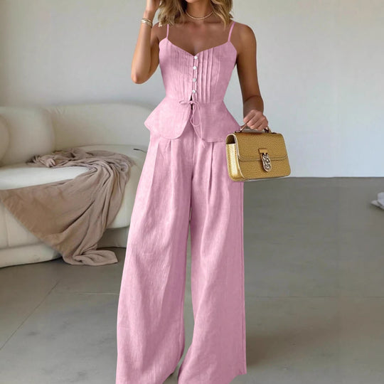 Damen Zweiteiliges Leinen-Set mit korsettartigem Taillentop, Schößchen und weiter Palazzohose Shop Nory