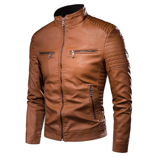 Herren Slim-Fit Biker-Lederjacke mit Stehkragen und gesteppter Schulterpartie Shop Nory