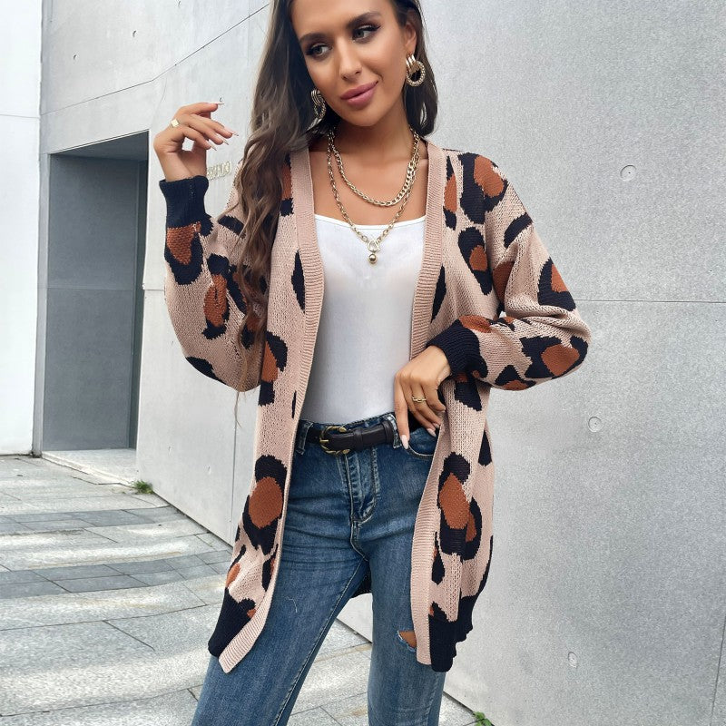Damen Longline Cardigan im Leo-Jacquard mit offener Front und Rippbündchen Shop Nory