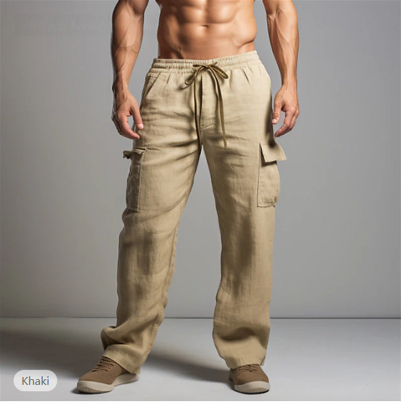 Herren leichte Leinen Cargohose mit elastischem Bund und großen Seitentaschen Shop Nory