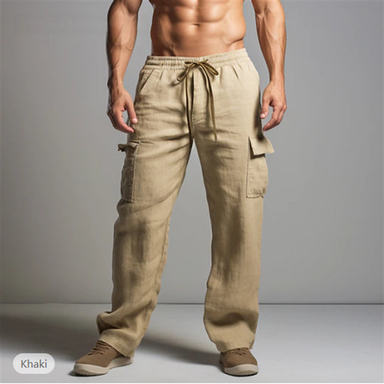 Herren leichte Leinen Cargohose mit elastischem Bund und großen Seitentaschen Shop Nory