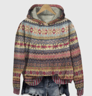 Damen nan oversized Strickkapuzenpullover mit Norwegermuster, gefütterter Kapuze und gerippten Bündchen Shop Nory