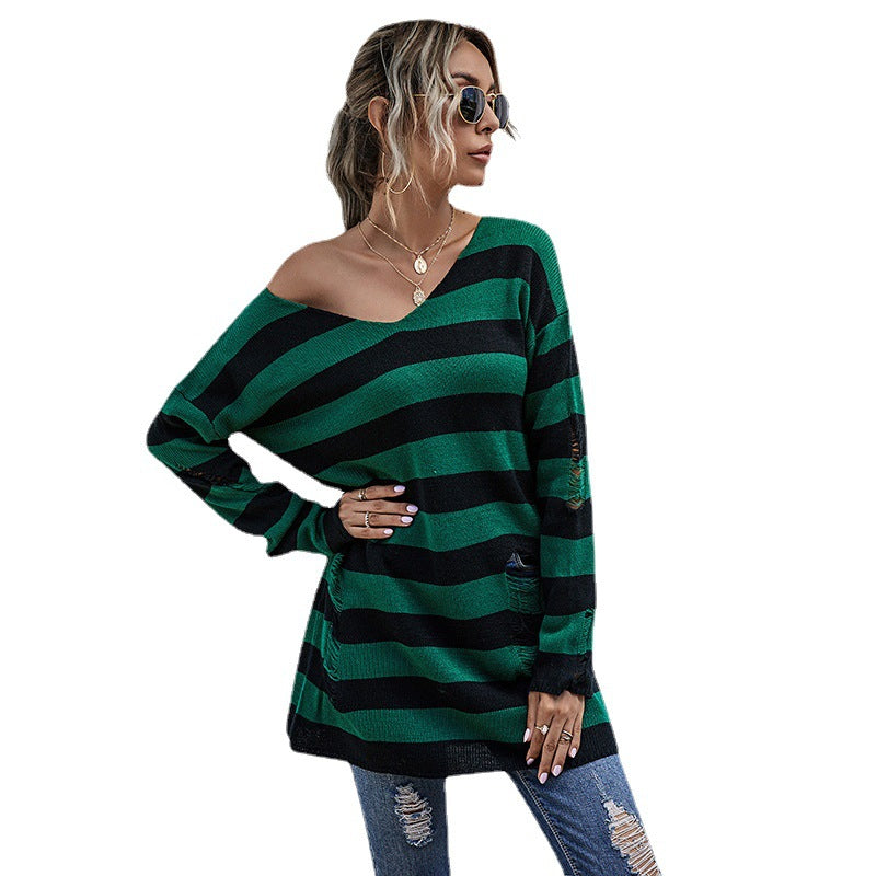Damen Lässiger Longpullover mit V‑Ausschnitt, Grobstrickstreifen und Löcherdetails Shop Nory