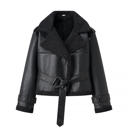 Damen Kurze Fliegerjacke aus Kunstleder mit Teddyfell-Kragen und Taillengürtel Shop Nory