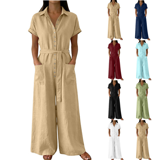 Damen Hemdblusen-Jumpsuit mit weitem Bein, Aufgesetzten Taschen und Bindegürtel Shop Nory