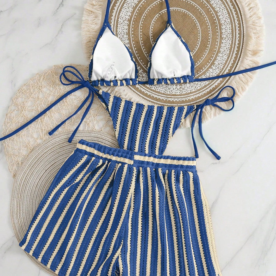 Damen Bikini-Set mit gerafftem Oberteil und hoch taillierten Shorts