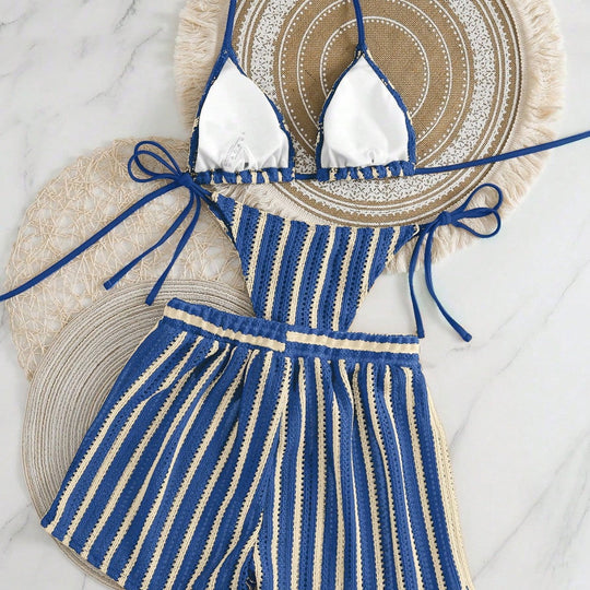 Damen Bikini-Set mit gerafftem Oberteil und hoch taillierten Shorts