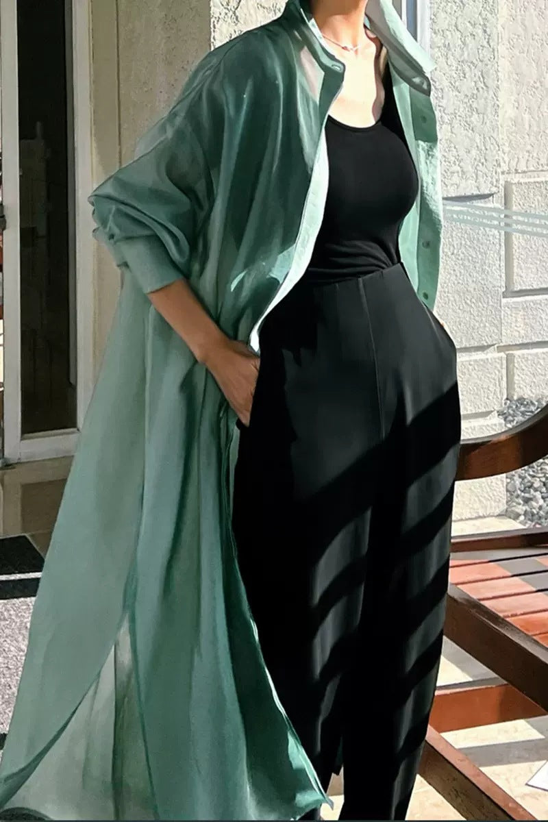 Damen Oversize Hemdblusen-Mantel mit Brusttasche, Seitenschlitz und fließender Leinenoptik Shop Nory