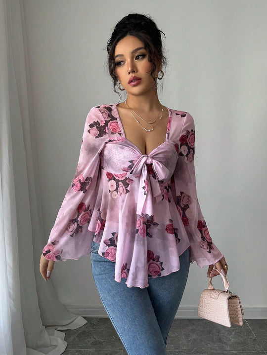 Damen Transparente Chiffon-Babydoll-Bluse mit Knotenfront und floralem Allover-Print Shop Nory