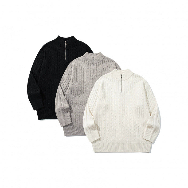 Unisex Oversize Zopfstrick-Halbzippullover mit kurzem Stehkragen und breitem Rippbund Shop Nory