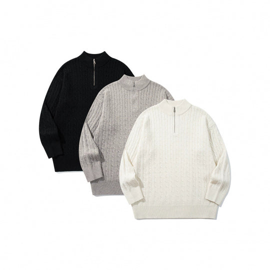 Unisex Oversize Zopfstrick-Halbzippullover mit kurzem Stehkragen und breitem Rippbund Shop Nory