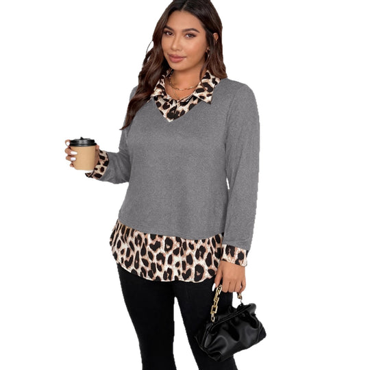 Damen Lagenlook-Pullover mit V-Ausschnitt und Leoprint-Blusen-Einsatz Shop Nory