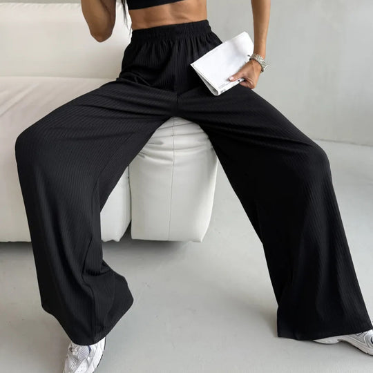 Damen weite High-Waist Palazzo-Hose aus geripptem Jersey mit elastischem Bund Shop Nory