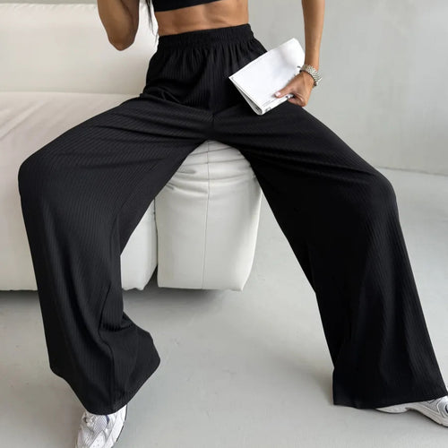 Damen weite High-Waist Palazzo-Hose aus geripptem Jersey mit elastischem Bund Shop Nory