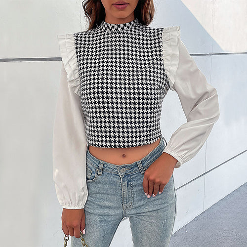 Damen Hahnentritt-Cropped-Top mit Rüschen‑Schultern und langen Chiffonärmeln Shop Nory