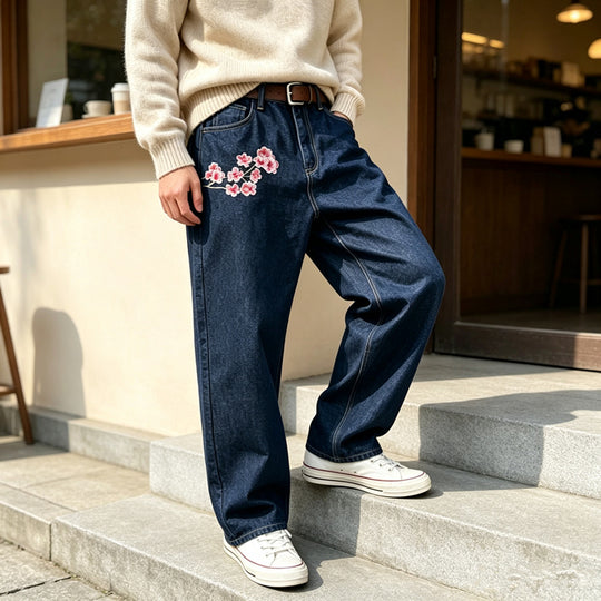 Herren Modische Weit geschnittene Denim-Hose mit Blumenstickerei Shop Nory
