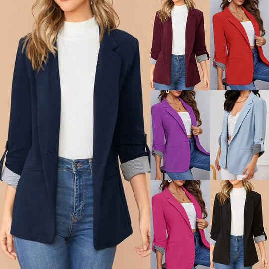 Damen schmal geschnittener Blazer mit Dreiviertelärmeln und umgeschlagenen Manschetten Shop Nory