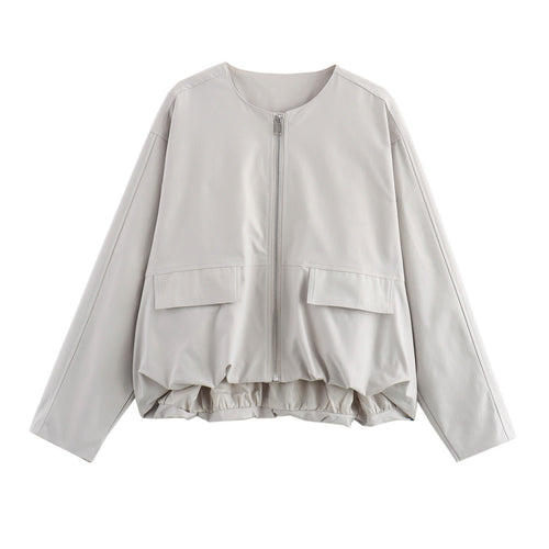 Damen Leichte Cropped-Workerjacke ohne Kragen mit Frontreißverschluss und Pattentaschen Shop Nory
