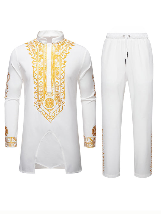 Herren Traditionelles Langarm-Kurta-Set mit Stehkragen, goldfarbenem Ornamentdruck und Tunnelzughose Shop Nory