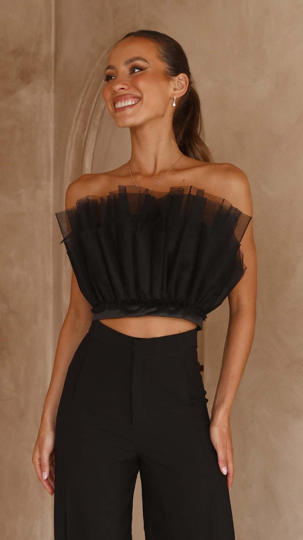 Damen cropped Oberteil mit transparenten Rüschendetails