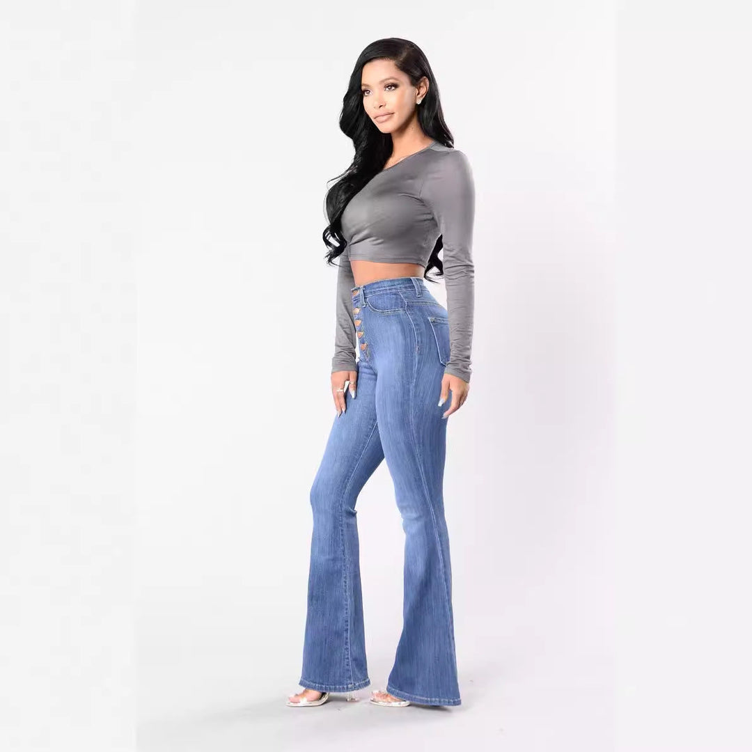 Damen High-Waist Flared Jeans mit dekorativen Knopfdetails und elastischem Bund Shopnory