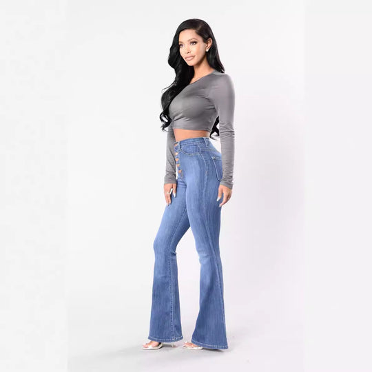 Damen High-Waist Flared Jeans mit dekorativen Knopfdetails und elastischem Bund Shopnory