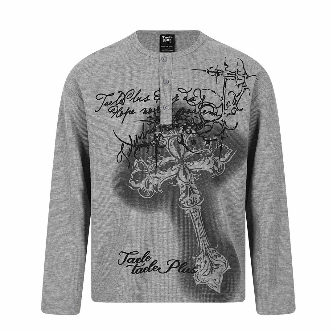 Herren Langarm-Henleyshirt mit Waffelstruktur, Knopfleiste und großflächigem Grafikprint Shop Nory