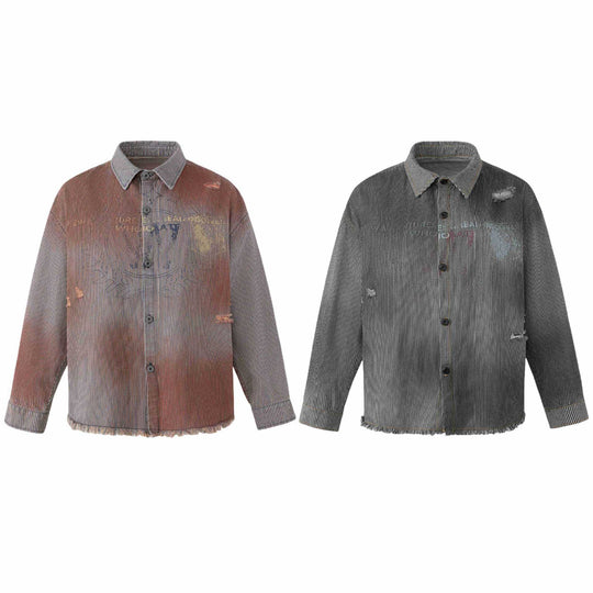 Damen Overshirt-Jacke aus gestreiftem Denim mit Fransen und Used-Details Shop Nory
