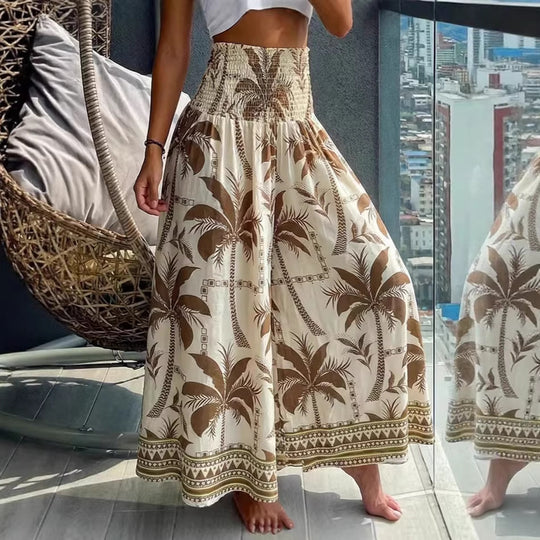 Damen Maxirock mit hoher Smok-Taille und luftigem Boho-Palmendruck Shop Nory