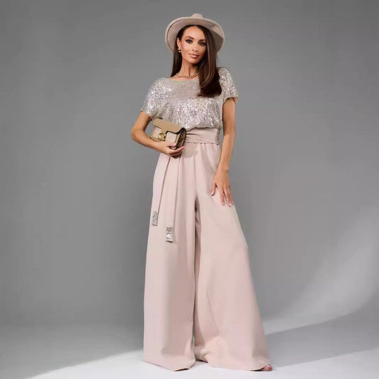 Damen Glitzernder Jumpsuit mit weitem Bein und Taillengürtel