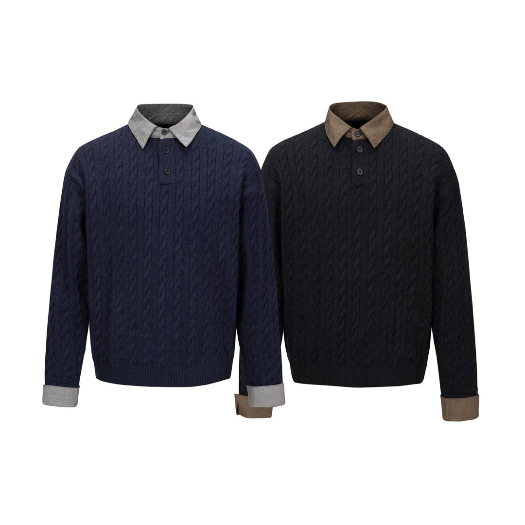 Herren Strukturierter Strickpullover mit integriertem Hemdkragen und Dreiknopf‑Leiste Shop Nory