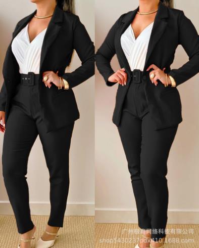 Damen Tailoring-Set mit Animal-Print-Revers, tailliertem Gürtelblazer und High‑Waist-Slimhose Shop Nory